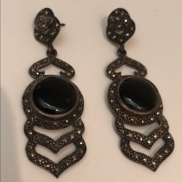 VINTAGE BLACK ONYX MARCASITE CHEVRON DANGLING - Picture 6 of 9